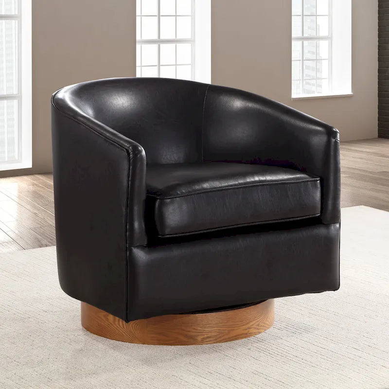 Poltrona girevole a botte in similpelle, rotazione a 360 gradi, base in legno, 28"H x 29"W, stile moderno, senza montaggio, marrone scuro, blu notte.