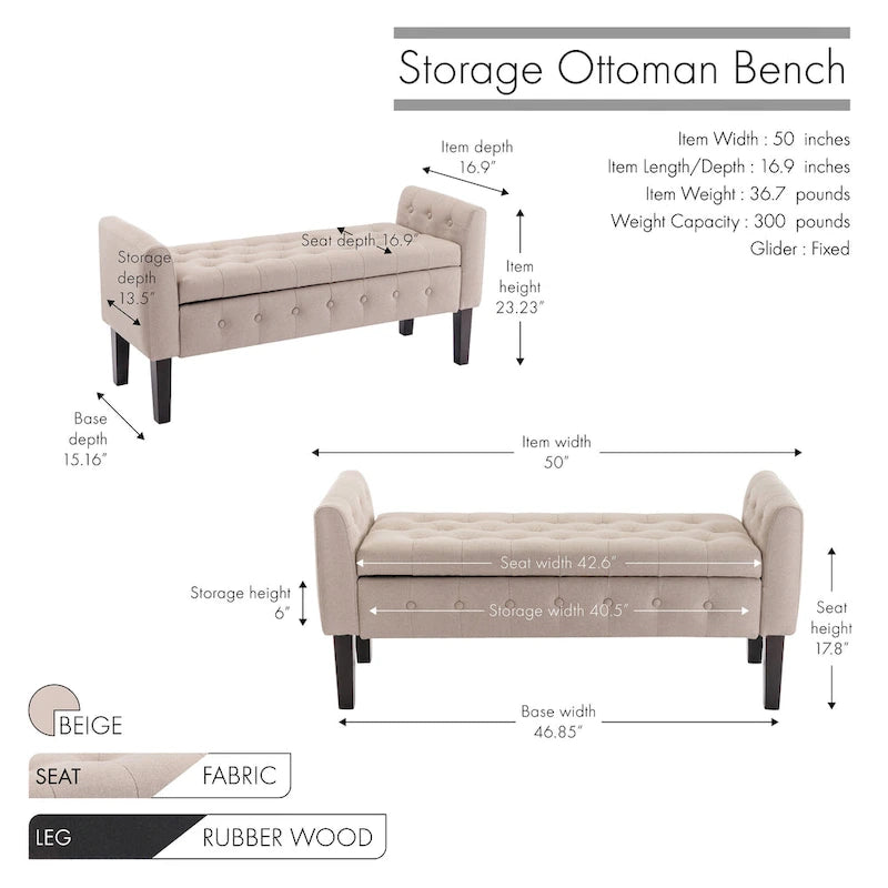 Panca contenitore da 50" con pouf, tessuto trapuntato con bottoni, coperchio ribaltabile, gambe in legno di gomma, capacità di 300 libbre, seduta in schiuma, mobili per soggiorno e camera da letto