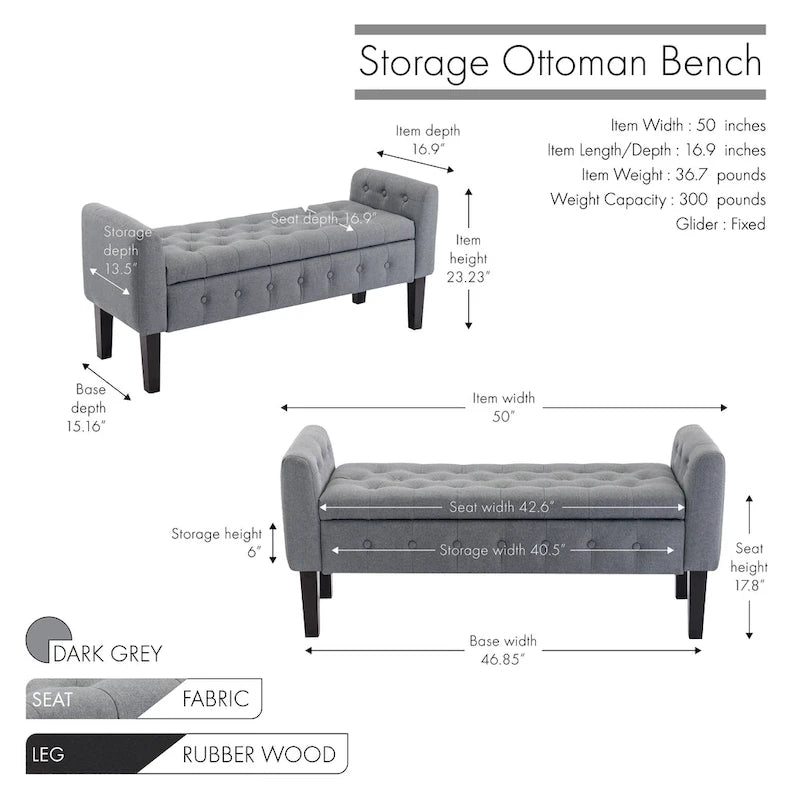 Panca contenitore da 50" con pouf, tessuto trapuntato con bottoni, coperchio ribaltabile, gambe in legno di gomma, capacità di 300 libbre, seduta in schiuma, mobili per soggiorno e camera da letto