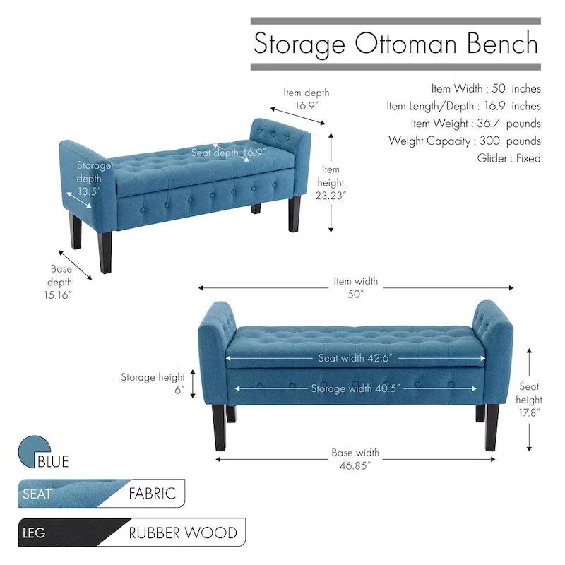 Panca contenitore da 50" con pouf, tessuto trapuntato con bottoni, coperchio ribaltabile, gambe in legno di gomma, capacità di 300 libbre, seduta in schiuma, mobili per soggiorno e camera da letto