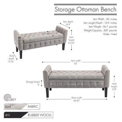 Panca contenitore da 50" con pouf, tessuto trapuntato con bottoni, coperchio ribaltabile, gambe in legno di gomma, capacità di 300 libbre, seduta in schiuma, mobili per soggiorno e camera da letto