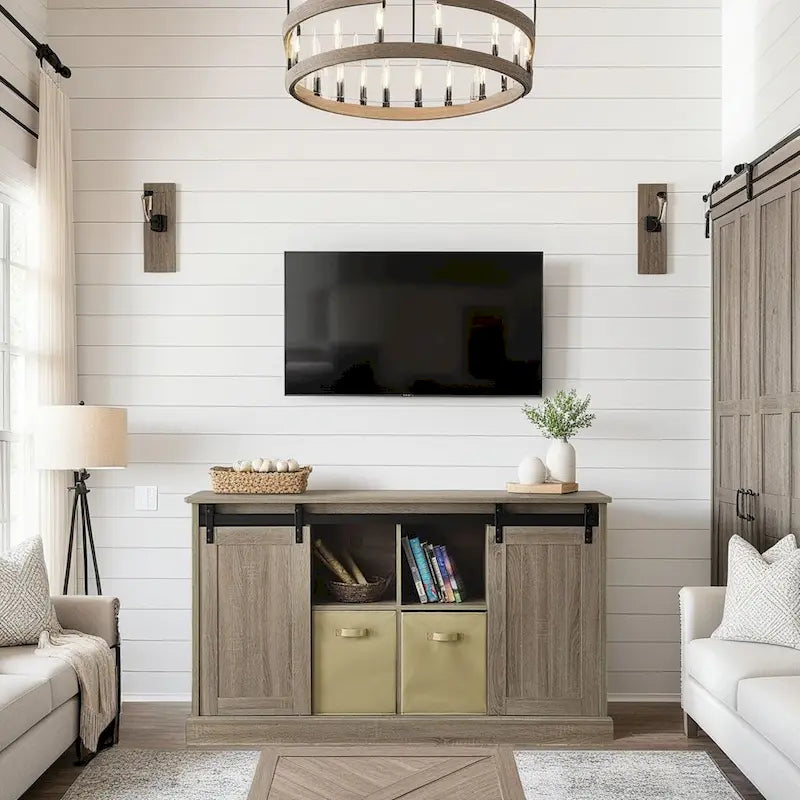 Mobile porta TV da 60" in stile fattoria, con ante scorrevoli in stile fienile, per TV fino a 65", ripiani in MDF, 2 contenitori in tessuto, gestione dei cavi, intrattenimento