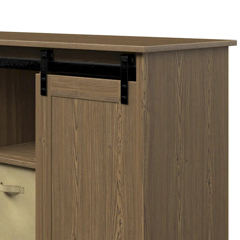 Mobile porta TV da 60" in stile fattoria, con ante scorrevoli in stile fienile, per TV fino a 65", ripiani in MDF, 2 contenitori in tessuto, gestione dei cavi, intrattenimento