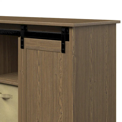 Mobile porta TV da 60" in stile fattoria, con ante scorrevoli in stile fienile, per TV fino a 65", ripiani in MDF, 2 contenitori in tessuto, gestione dei cavi, intrattenimento