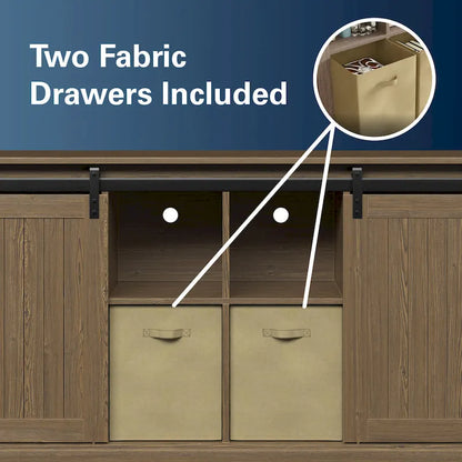 Mobile porta TV da 60" in stile fattoria, con ante scorrevoli in stile fienile, per TV fino a 65", ripiani in MDF, 2 contenitori in tessuto, gestione dei cavi, intrattenimento