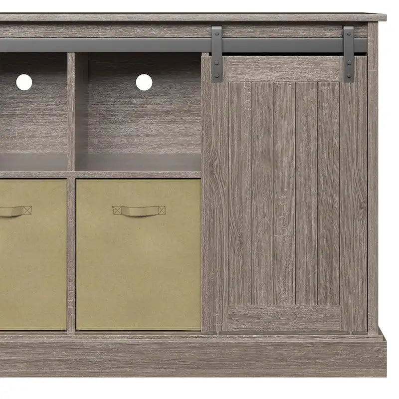 Mobile porta TV da 60" in stile fattoria, con ante scorrevoli in stile fienile, per TV fino a 65", ripiani in MDF, 2 contenitori in tessuto, gestione dei cavi, intrattenimento