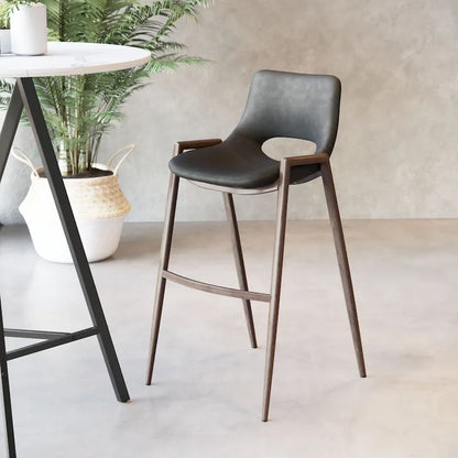 Sgabello da bar moderno di metà secolo, in vinile nero, finitura noce, struttura in acciaio resistente, sgabello da bar per cucina, sala da pranzo, altezza bancone, stile urbano