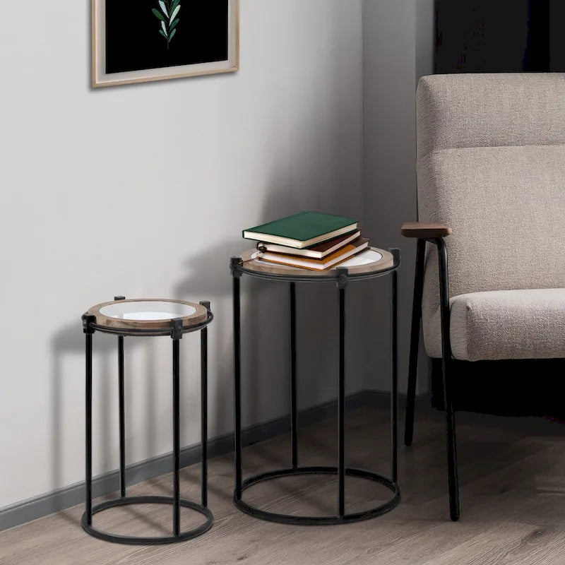 Tavolini rotondi, set di 2, struttura in metallo, vetro, legno di abete, ferro nero, altezza 26,25" e altezza 22,25" per mobili da soggiorno moderni e minimalisti.
