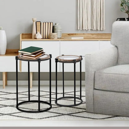 Tavolini rotondi, set di 2, struttura in metallo, vetro, legno di abete, ferro nero, altezza 26,25" e altezza 22,25" per mobili da soggiorno moderni e minimalisti.
