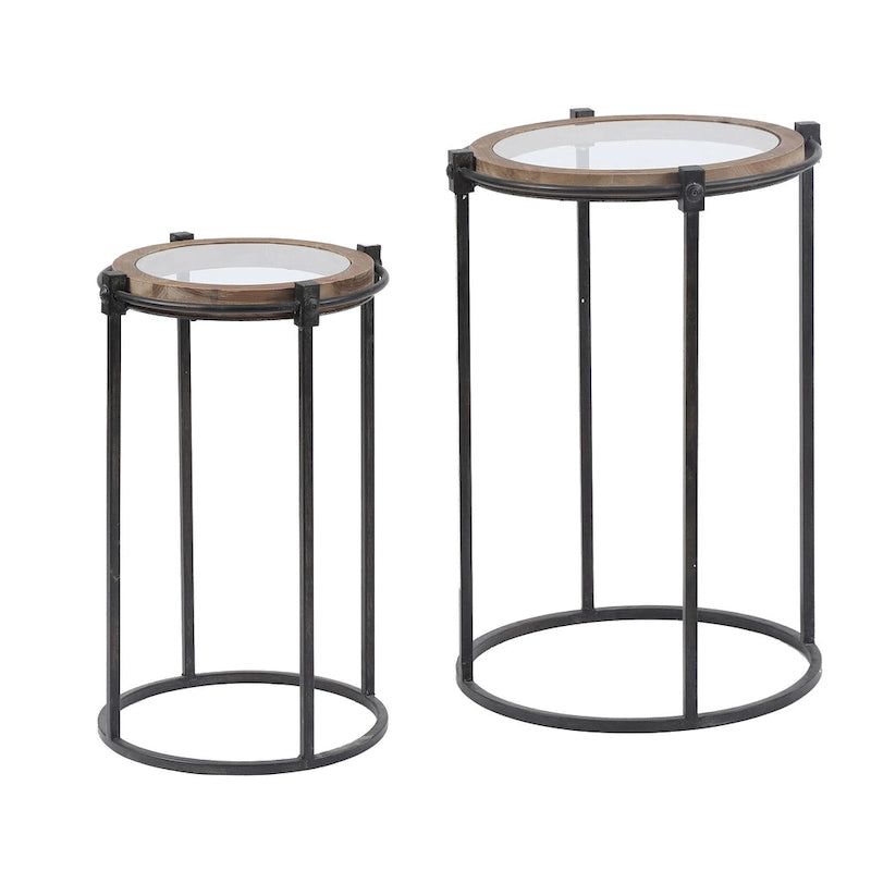 Tavolini rotondi, set di 2, struttura in metallo, vetro, legno di abete, ferro nero, altezza 26,25" e altezza 22,25" per mobili da soggiorno moderni e minimalisti.