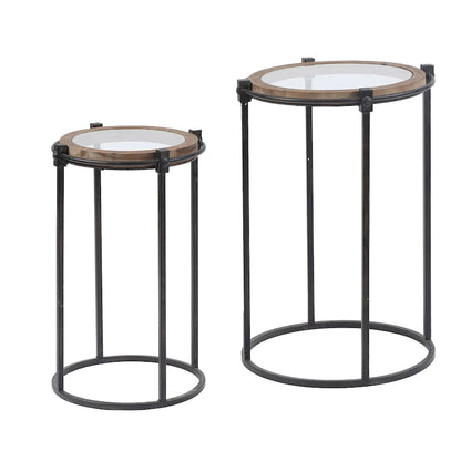 Tavolini rotondi, set di 2, struttura in metallo, vetro, legno di abete, ferro nero, altezza 26,25" e altezza 22,25" per mobili da soggiorno moderni e minimalisti.