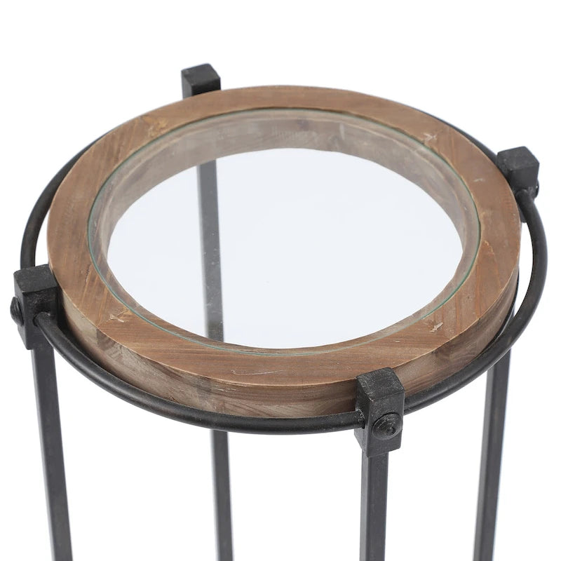 Tavolini rotondi, set di 2, struttura in metallo, vetro, legno di abete, ferro nero, altezza 26,25" e altezza 22,25" per mobili da soggiorno moderni e minimalisti.