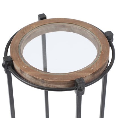 Tavolini rotondi, set di 2, struttura in metallo, vetro, legno di abete, ferro nero, altezza 26,25" e altezza 22,25" per mobili da soggiorno moderni e minimalisti.