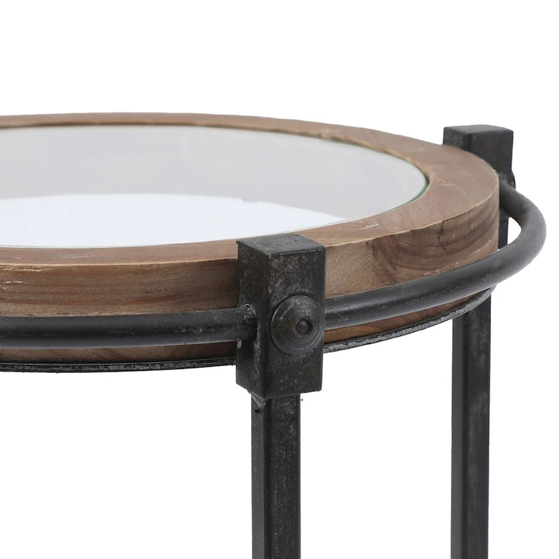 Tavolini rotondi, set di 2, struttura in metallo, vetro, legno di abete, ferro nero, altezza 26,25" e altezza 22,25" per mobili da soggiorno moderni e minimalisti.