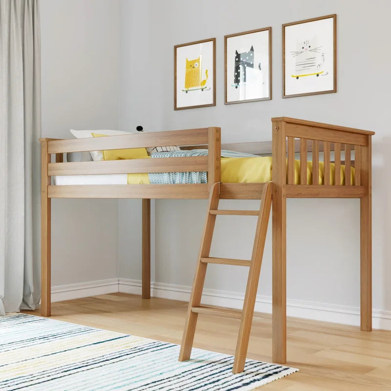 Letto a soppalco basso singolo, altezza 50", in legno massello di pino, sponde da 14", scala reversibile, capacità di carico di 400 libbre, mobili per cameretta dei bambini, design salvaspazio