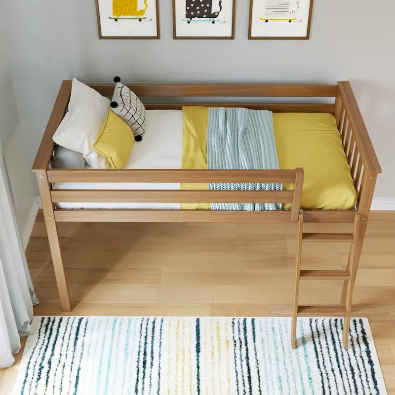 Letto a soppalco basso singolo, altezza 50", in legno massello di pino, sponde da 14", scala reversibile, capacità di carico di 400 libbre, mobili per cameretta dei bambini, design salvaspazio
