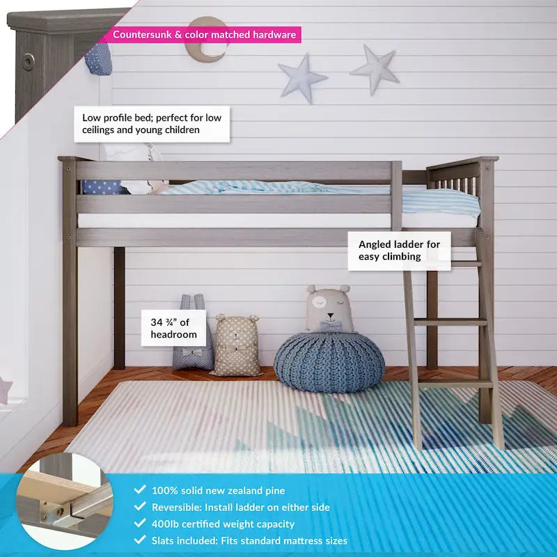 Letto a soppalco basso singolo, altezza 50", in legno massello di pino, sponde da 14", scala reversibile, capacità di carico di 400 libbre, mobili per cameretta dei bambini, design salvaspazio