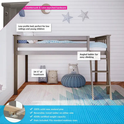 Letto a soppalco basso singolo, altezza 50", in legno massello di pino, sponde da 14", scala reversibile, capacità di carico di 400 libbre, mobili per cameretta dei bambini, design salvaspazio