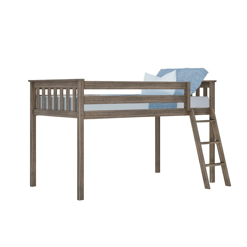 Letto a soppalco basso singolo, altezza 50", in legno massello di pino, sponde da 14", scala reversibile, capacità di carico di 400 libbre, mobili per cameretta dei bambini, design salvaspazio