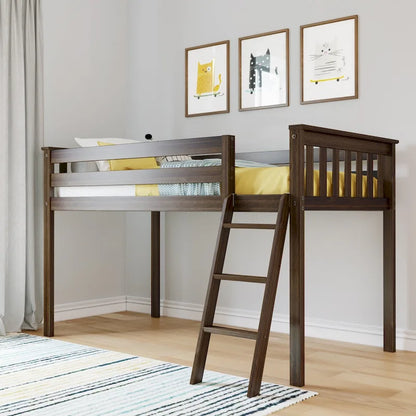Letto a soppalco basso singolo, altezza 50", in legno massello di pino, sponde da 14", scala reversibile, capacità di carico di 400 libbre, mobili per cameretta dei bambini, design salvaspazio