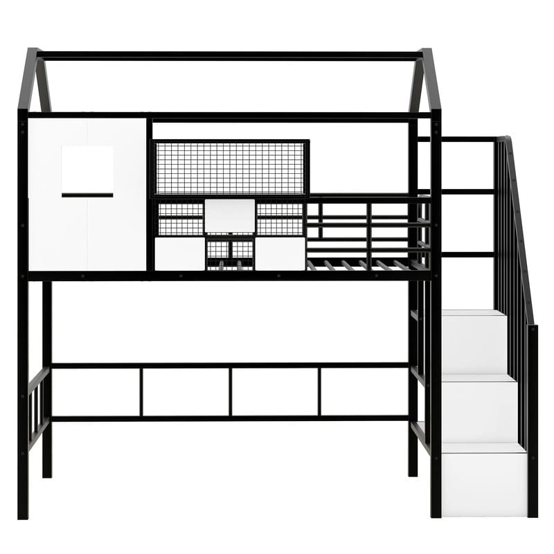 Letto a soppalco in metallo di dimensioni doppie con design del tetto e un contenitore