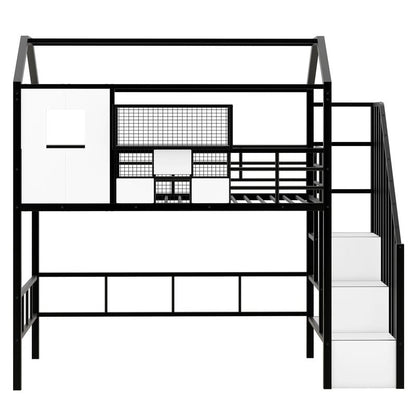Letto a soppalco in metallo di dimensioni doppie con design del tetto e un contenitore