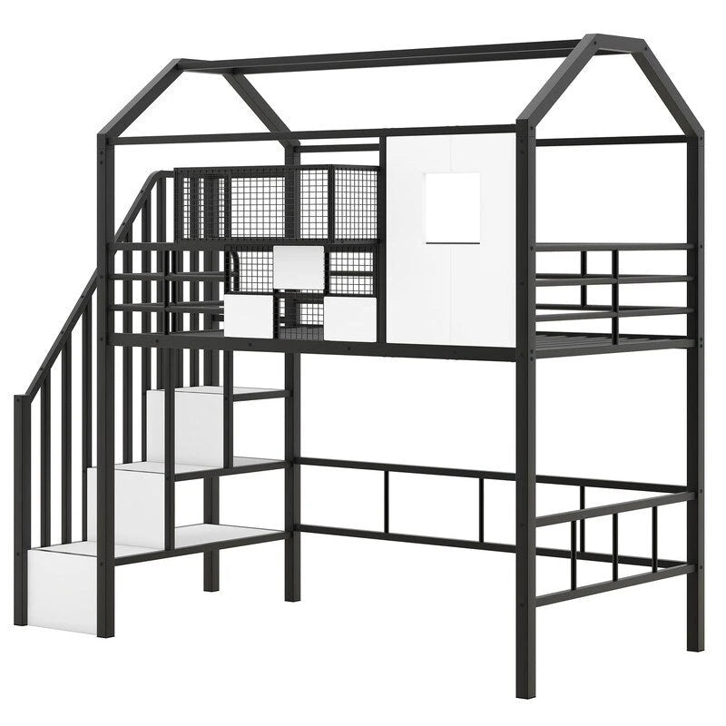 Letto a soppalco in metallo di dimensioni doppie con design del tetto e un contenitore