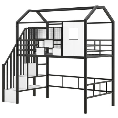 Letto a soppalco in metallo di dimensioni doppie con design del tetto e un contenitore