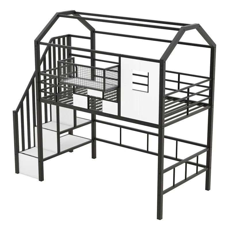 Letto a soppalco in metallo di dimensioni doppie con design del tetto e un contenitore