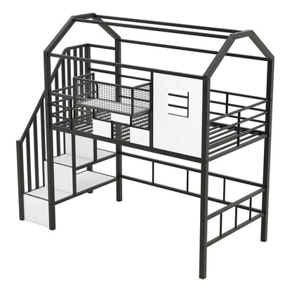 Letto a soppalco in metallo di dimensioni doppie con design del tetto e un contenitore