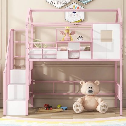 Letto a soppalco in metallo di dimensioni doppie con design del tetto e un contenitore