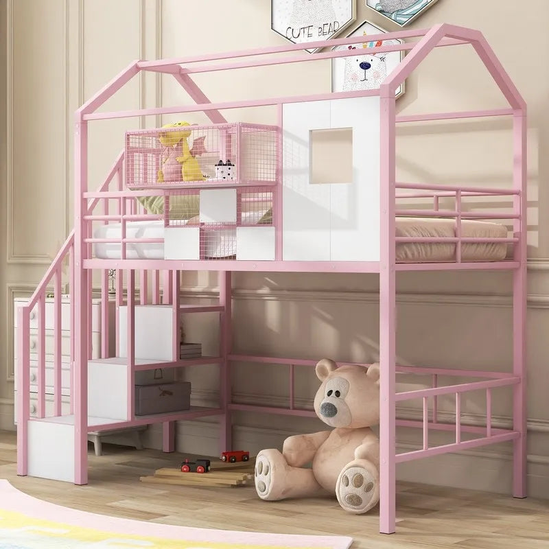 Letto a soppalco in metallo di dimensioni doppie con design del tetto e un contenitore