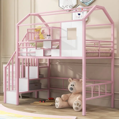 Letto a soppalco in metallo di dimensioni doppie con design del tetto e un contenitore