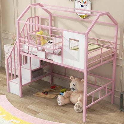 Letto a soppalco in metallo di dimensioni doppie con design del tetto e un contenitore