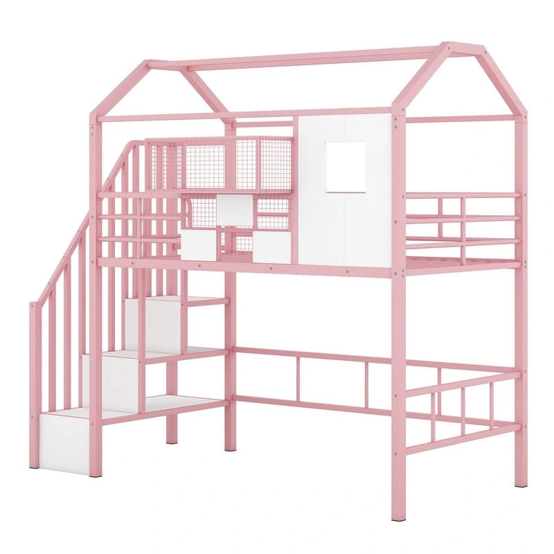 Letto a soppalco in metallo di dimensioni doppie con design del tetto e un contenitore