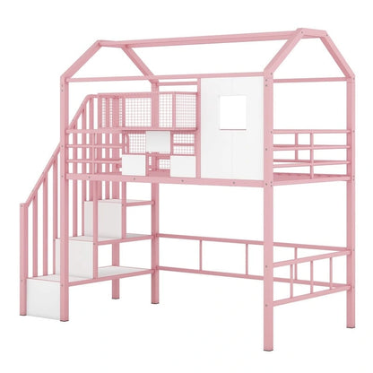 Letto a soppalco in metallo di dimensioni doppie con design del tetto e un contenitore