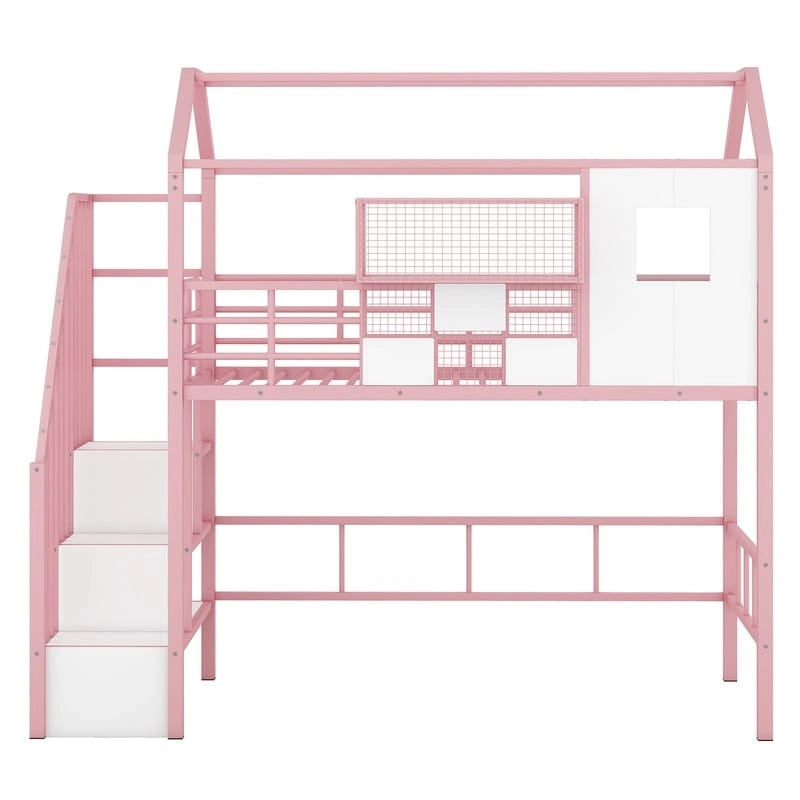 Letto a soppalco in metallo di dimensioni doppie con design del tetto e un contenitore