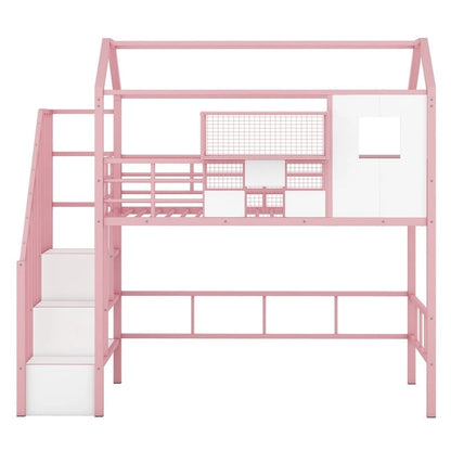 Letto a soppalco in metallo di dimensioni doppie con design del tetto e un contenitore