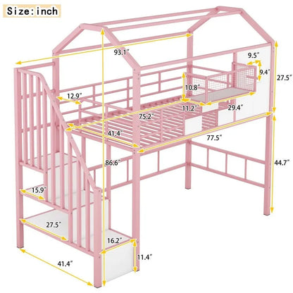 Letto a soppalco in metallo di dimensioni doppie con design del tetto e un contenitore