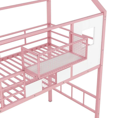 Letto a soppalco in metallo di dimensioni doppie con design del tetto e un contenitore
