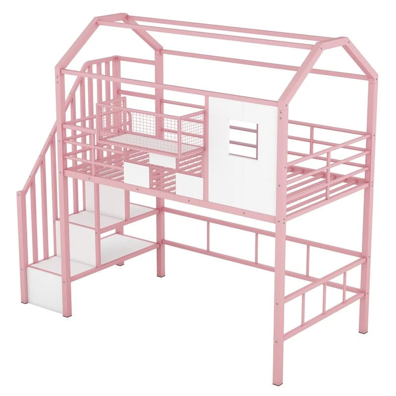 Letto a soppalco in metallo di dimensioni doppie con design del tetto e un contenitore