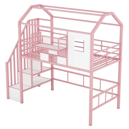 Letto a soppalco in metallo di dimensioni doppie con design del tetto e un contenitore