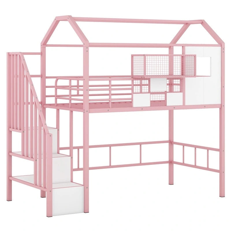 Letto a soppalco in metallo di dimensioni doppie con design del tetto e un contenitore