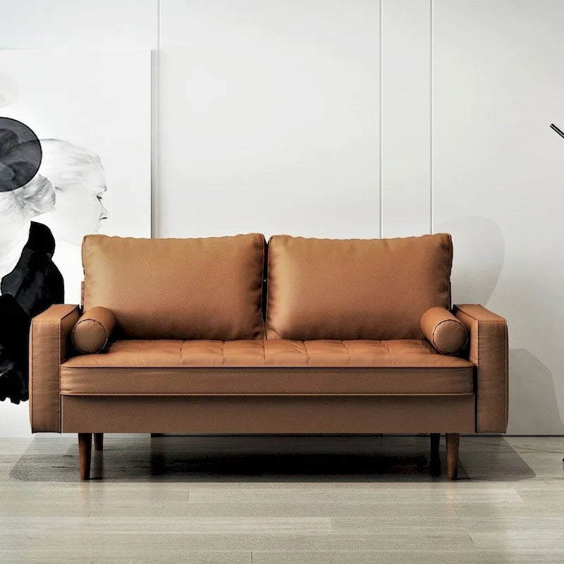 Divano in similpelle stile Mid-Century Modern, 69,68" di larghezza, sedute imbottite con bottoni, braccioli a 3 posti, gambe affusolate, 2 cuscini di supporto, divano per soggiorno