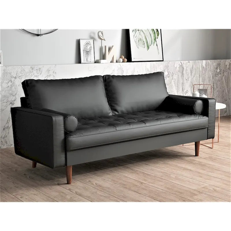 Divano in similpelle stile Mid-Century Modern, 69,68" di larghezza, sedute imbottite con bottoni, braccioli a 3 posti, gambe affusolate, 2 cuscini di supporto, divano per soggiorno