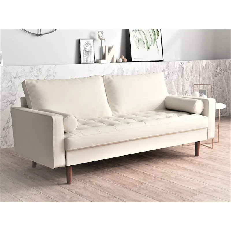 Divano in similpelle stile Mid-Century Modern, 69,68" di larghezza, sedute imbottite con bottoni, braccioli a 3 posti, gambe affusolate, 2 cuscini di supporto, divano per soggiorno