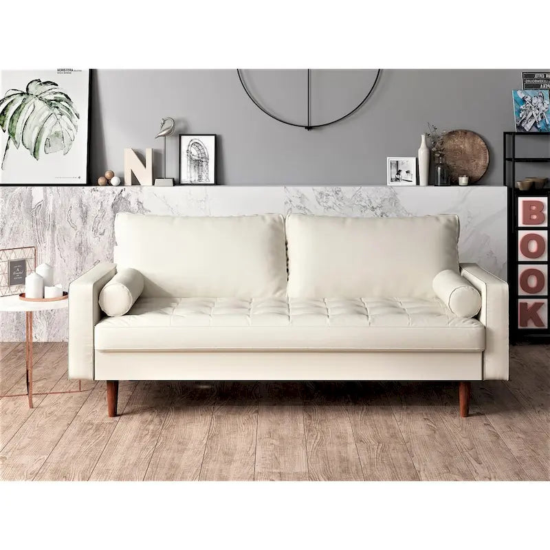 Divano in similpelle stile Mid-Century Modern, 69,68" di larghezza, sedute imbottite con bottoni, braccioli a 3 posti, gambe affusolate, 2 cuscini di supporto, divano per soggiorno