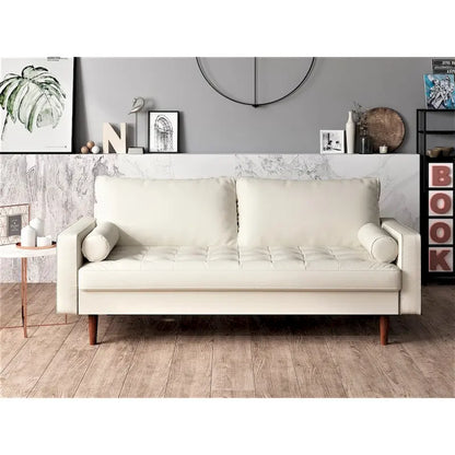 Divano in similpelle stile Mid-Century Modern, 69,68" di larghezza, sedute imbottite con bottoni, braccioli a 3 posti, gambe affusolate, 2 cuscini di supporto, divano per soggiorno