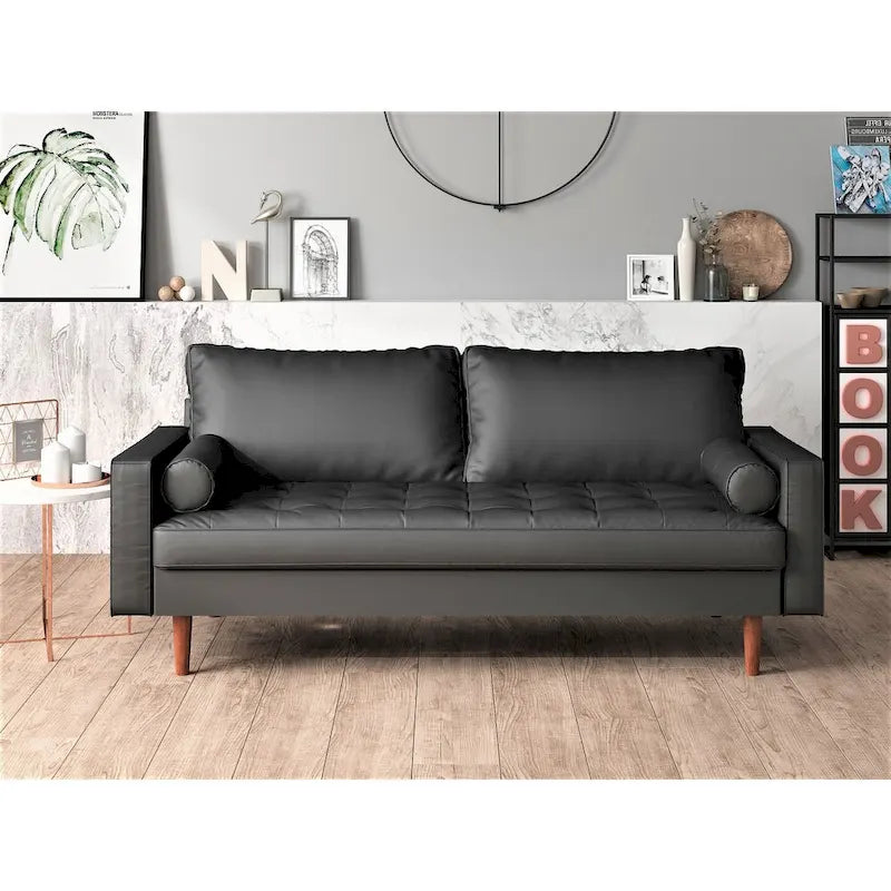 Divano in similpelle stile Mid-Century Modern, 69,68" di larghezza, sedute imbottite con bottoni, braccioli a 3 posti, gambe affusolate, 2 cuscini di supporto, divano per soggiorno