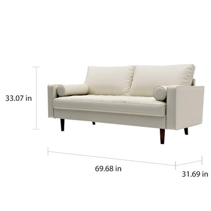 Divano in similpelle stile Mid-Century Modern, 69,68" di larghezza, sedute imbottite con bottoni, braccioli a 3 posti, gambe affusolate, 2 cuscini di supporto, divano per soggiorno